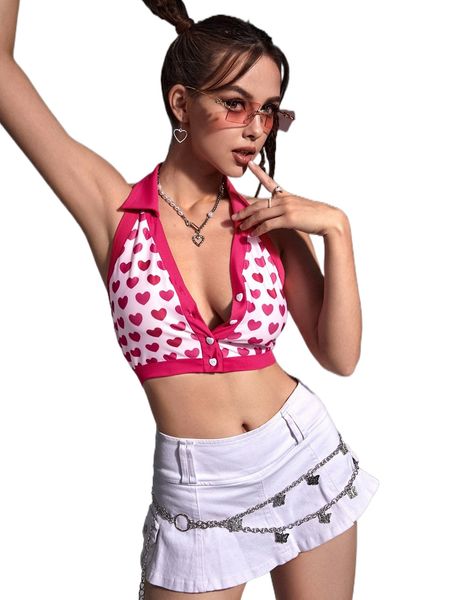 

allover heart print halter 49kf#, White