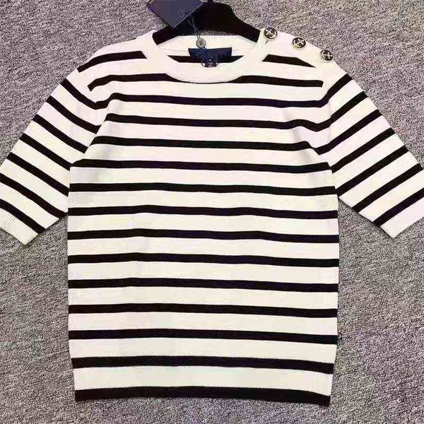 

women's sweaters [] early autumn l family open shoulder badge button round neck stripe short sleeved sweater vef7, White;black