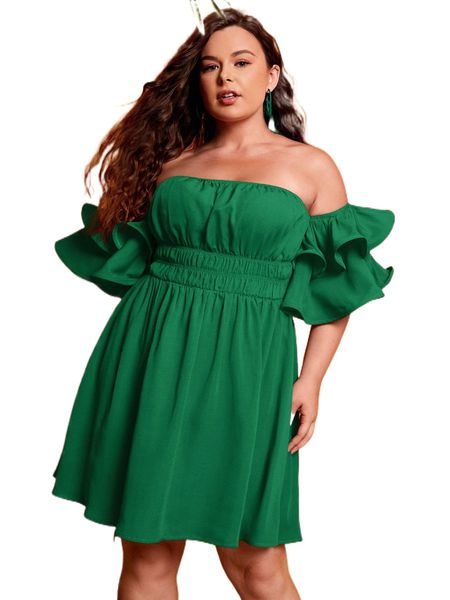 

plus off shoulder shirred ruffle trim dress x0xt#, Black