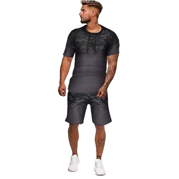 

men's tracksuits summer sportswear set short sleeve t-shirt and shorts men casual fitness suit solid color matching printed, Gray