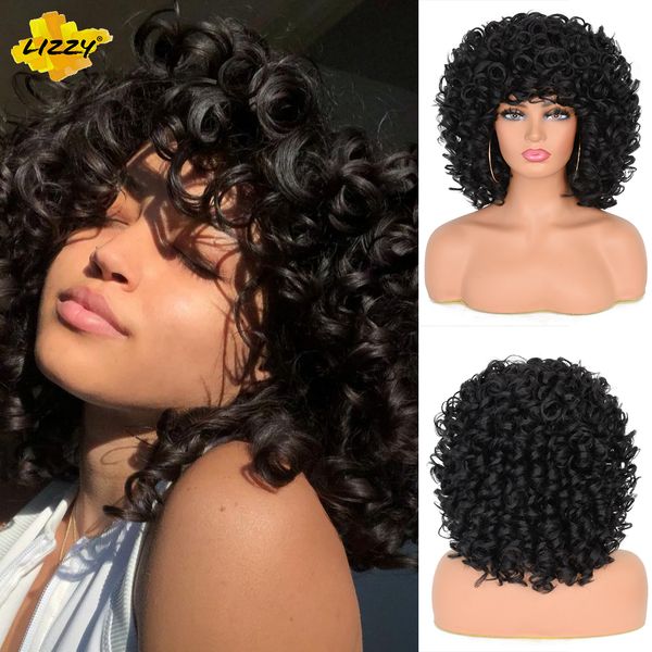 

lx brand short hair afro kinky curly wigs with bangs for black women natural looking fluffy loose ombre synthetic wig high temperaturefactor