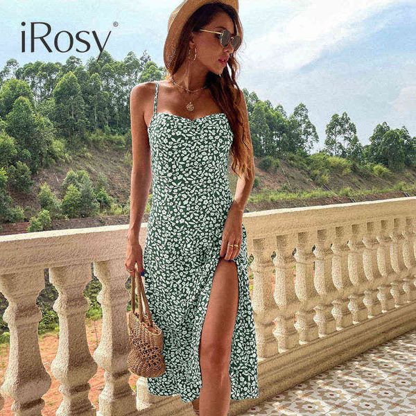 

2022 summer midi floral camis dress for women spaghetti strap beach evening party dresses ladies side slit elegant sundress y220510, Black;gray