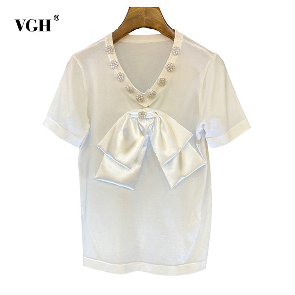 

white casual patchwork bow pearl t shirt for women v neck short sleeve korean loose shirts female summer fashion ide 210507