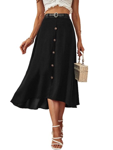

button front asymmetrical skirt without belt i3ip#, Black