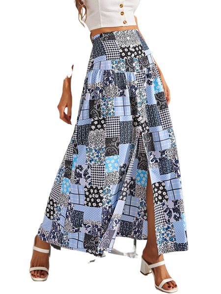 

luukse patchwork print split thigh skirt w5am#, Black