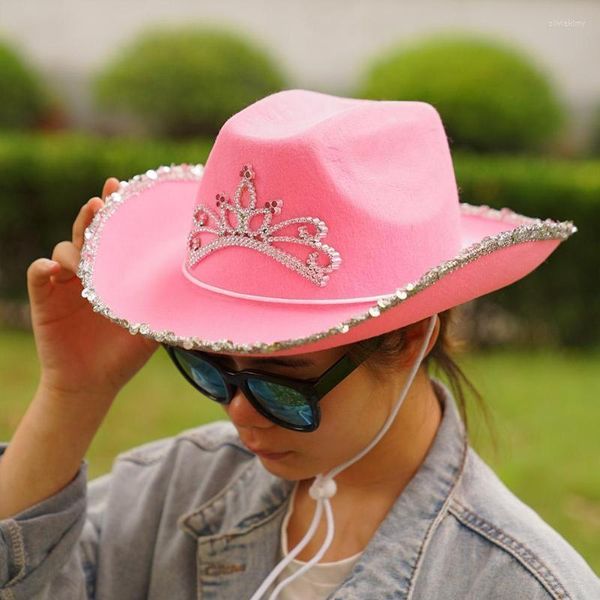 Chapéus largos de aba rosa Tiara Western Style Cowgirl For Women Girl Rolld Fedora Caps Feather Edge Beach Cowboy Hat de lantejoulas Cap oliv22