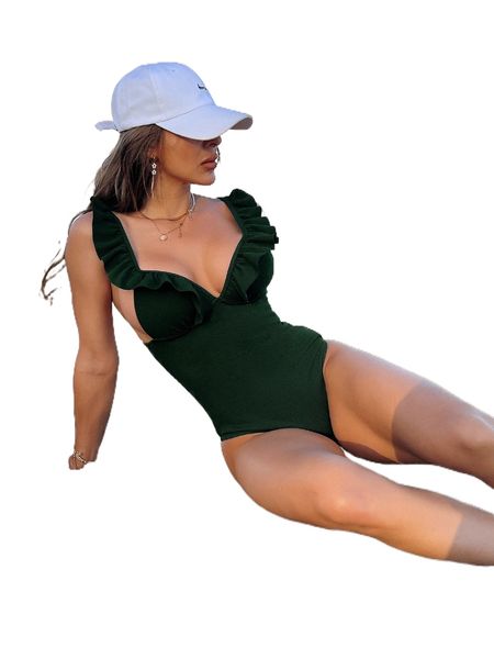 

ruffle trim one piece swimsuit p4e6#, White;black