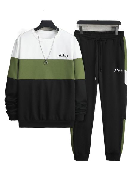 

men letter graphic colorblock sweatshirt & sweatpants t1ep#, Gray