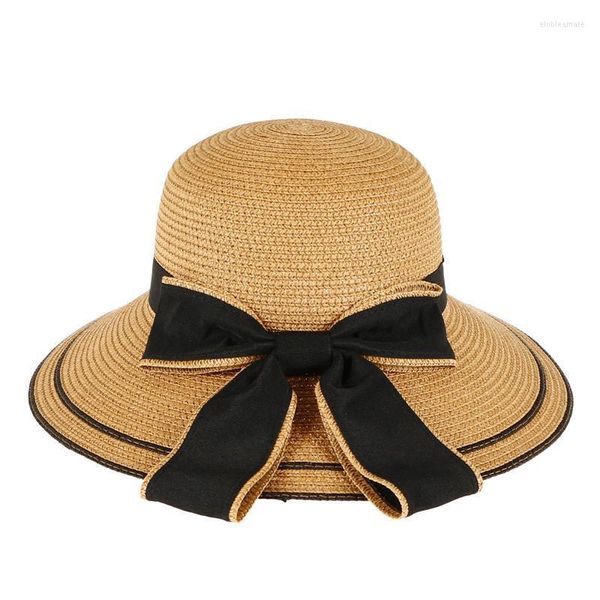 Chapéus largos da borda Primavera e verão Big Hat Women Férias ao ar livre Protetor solar Solshade Saltaw arco dobrável praia Panamá Gorros Elob22