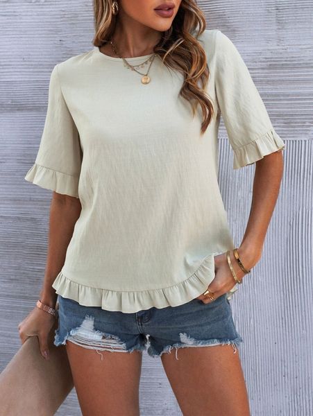 

solid ruffle trim blouse t2w7#, White