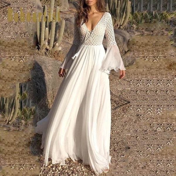 

bohoartist women dress long flare sleeve v neck white party hollow boho lace maxi dress holiday chic summer female dresses y200102, White;black