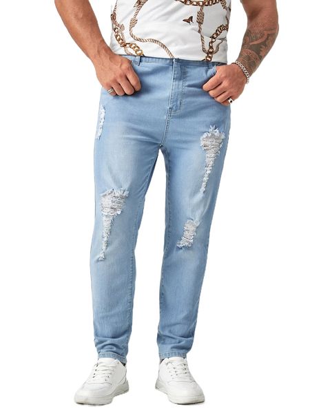 

extended sizes men bleach wash ripped frayed straight leg jeans o5f6#, Blue