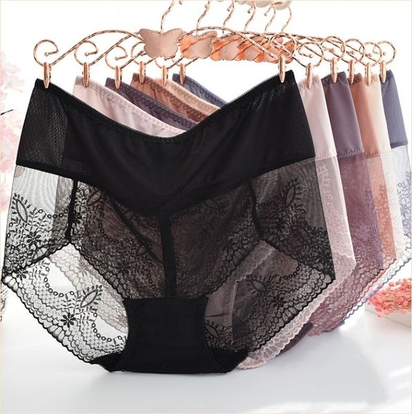

women's mesh panties large sizes ultra-thin lace transparent big briefs plus size female underwear with high waist 220511, Black;pink