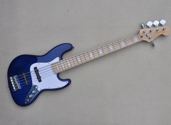 

navy blue 5 strings electric jazz bass guitar with maple fretboard