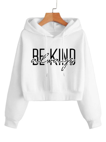 

slogan graphic crop drop shoulder drawstring hoodie a8mh#, Black