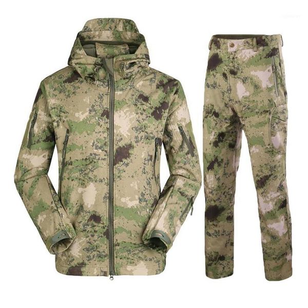 

camouflage hiking jackets set outdoor waterproof thermal fleece hunting windbreaker softshell tactical jacket229t, Blue;black