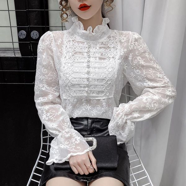 

women's blouses & shirts lace women's blouse casual o-neck girl's shirt summer fashion long sleeve slim fit korean style fema, White