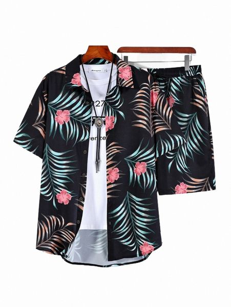 

men tropical print shirt & shorts without tee i7sj#, Gray