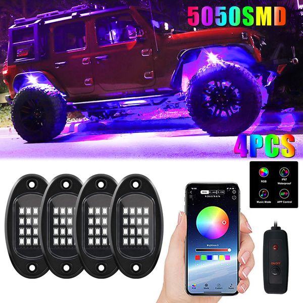 

waterproof rgb led rock light underglow neon led light kit bluetooth app remote control chassis decorative music lamps for jeep