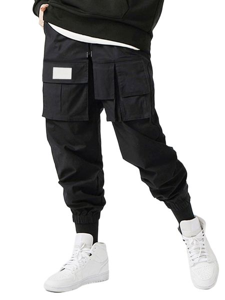 

men flap pockets drawstring waist utility pants q7ek#, Black