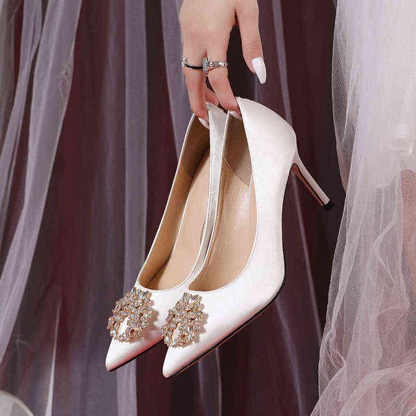 

2022 white bride wedding diamond banquet women's high thin heels large french xiuhe shoes, Black