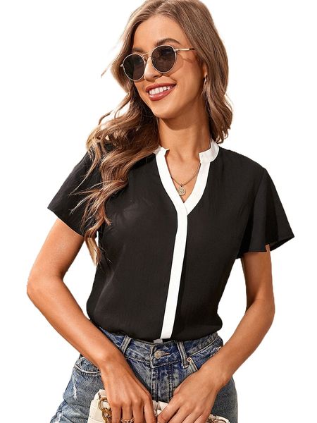 

notched neckline contrast trim butterfly sleeve blouse z0i5#, White