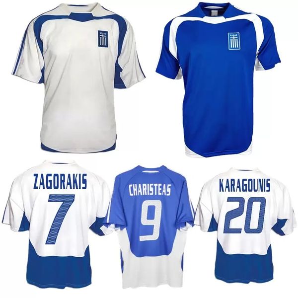 

2004 retro soccer jerseys greece charisteas tsiartas nikolaidis zagorakis karagounis home blue white away vintage jersey for men classic foo, Black;yellow