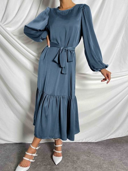 

lantern sleeve ruffle hem belted dress p15e#, Black;gray