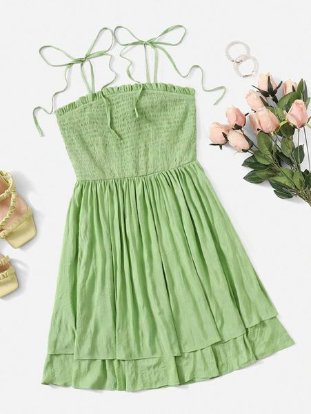 

knot straps shirred bodice layered hem cami dress g5ow#, Black;gray