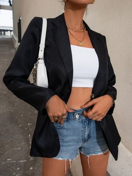 

solid button front lapel neck blazer e6xw#, White