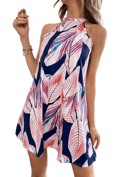 

tropical print tie back dress 73oy#, Black;gray