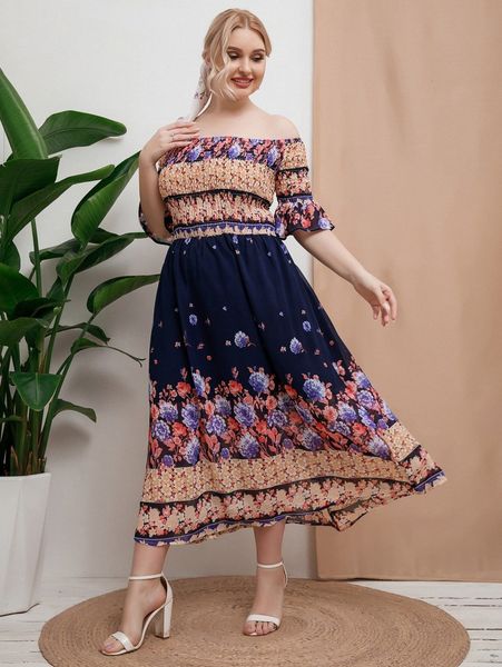 

plus floral print shirred off shoulder flounce sleeve dress q5l3#, Black