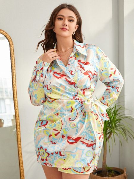 

plus floral print drop shoulder wrap knot side satin dress d58l#, Black