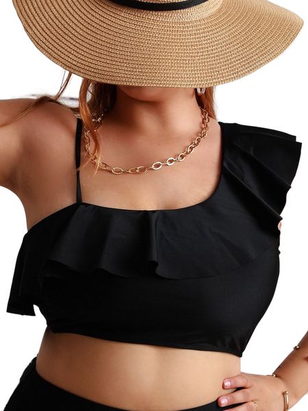 

plus solid ruffle trim bikini f94h#, Black