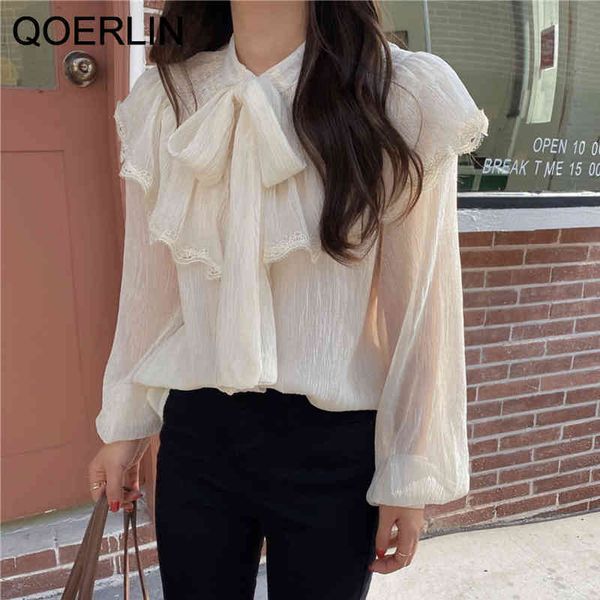 

qoerlin chic temperament lotus sleeve bowtie long sleeve shirt women pleated chiffon shirt mesh see through shirt 210412, White