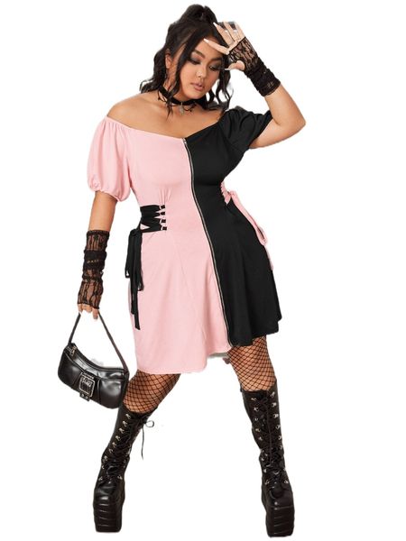 

plus two tone lace-up side off shoulder puff sleeve dress v7r8#, Black