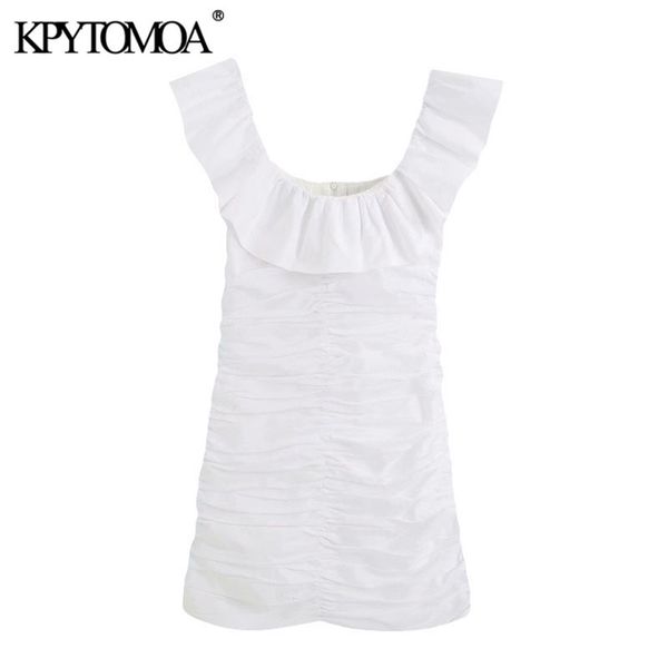 

kpytomoa women chic fashion ruffled draped mini dress vintage square collar sleeveless back zipper female dresses vestidos t200613, Black;gray