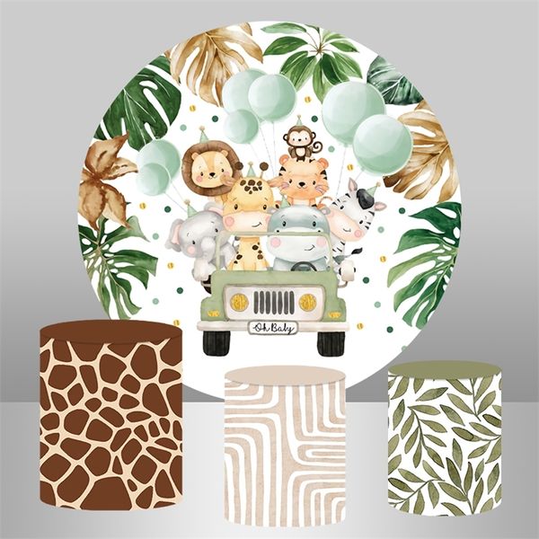 Circular redondo capa de pano de fundo da selva safari chá de bebê pó fundo para menino 1º aniversário de festa decoração de animais banner 220614