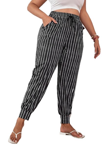 

plus vertical striped slant pockets drawstring waist pants 88bp#, Black