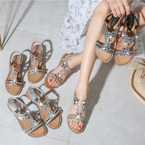 

elling women shoes new diamond flower sandals large size women travel slope heel classic luxury party wedding shoes, Black