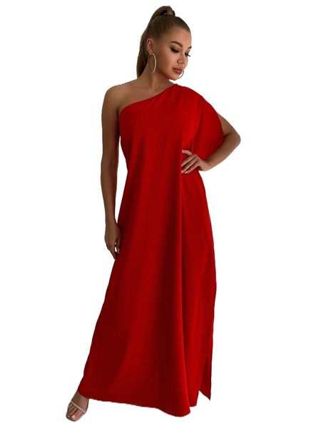 

joyfunear one shoulder split sleeve maxi dress 95we#, Black;gray