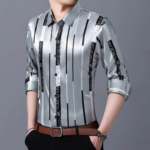 

male silk clothes spring long sleeve striped silk shirts mens caual dress shirts, White;black