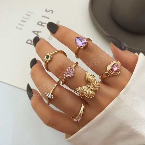 

purple pink crystal gold color metal ring set for women butterfly love heart geometric finger eing fashion jewelry, Silver