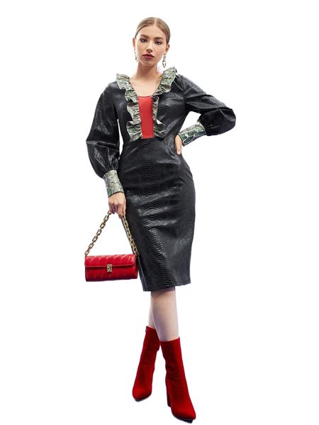 

x d.a.z.h.e snakeskin print ruffle trim pu leather dress y2ka#, Black;gray