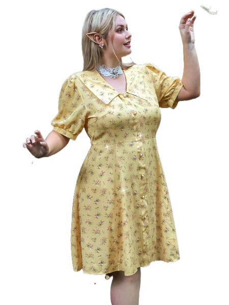 

fairy grunge plus floral print puff sleeve dress k0se#, Black