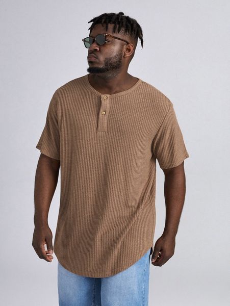 

extended sizes men quarter button waffle knit tee s64g#, White;black