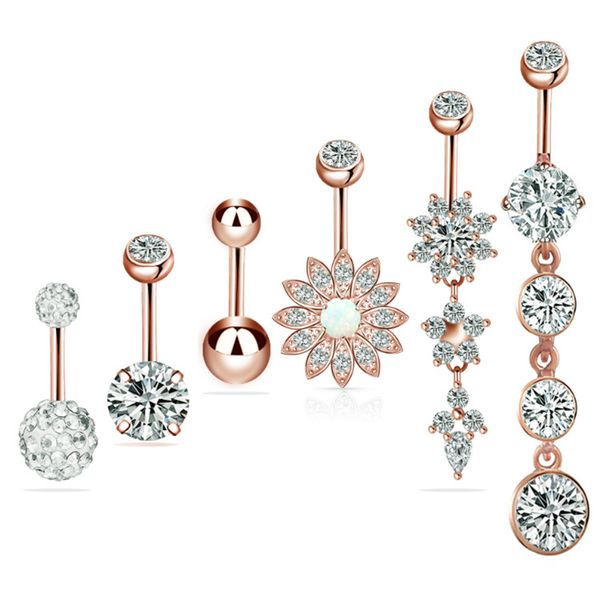 

crystal zircon bell button rings 316l surgical steel barbell navel ring body piercing jewelry sets, Silver