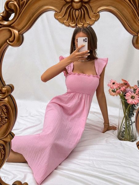 

solid shirred ruffle trim dress w4hn#, Black;gray