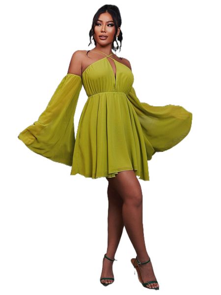 

cold shoulder flounce sleeve dress z4ee#, Black;gray