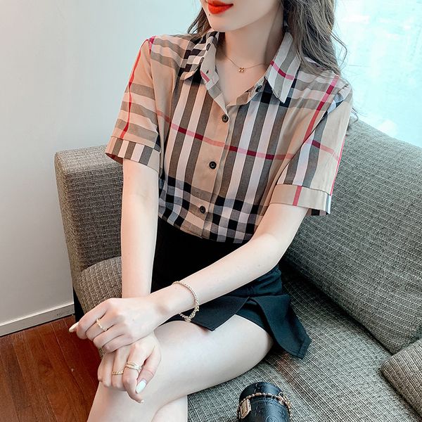 2022 sommer Europa hemden für frauen gestreiften karierten kurzarm vintage bluse frauen mit revers mode-design Koreanische Büro dame blusen blusas mujer S-3XL
